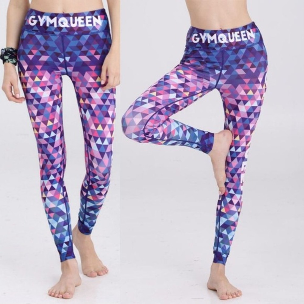 BLUE Yoga Pants Womens‎ XL GYM QUEEN Geometric Modern Leggings Athletic 30x26